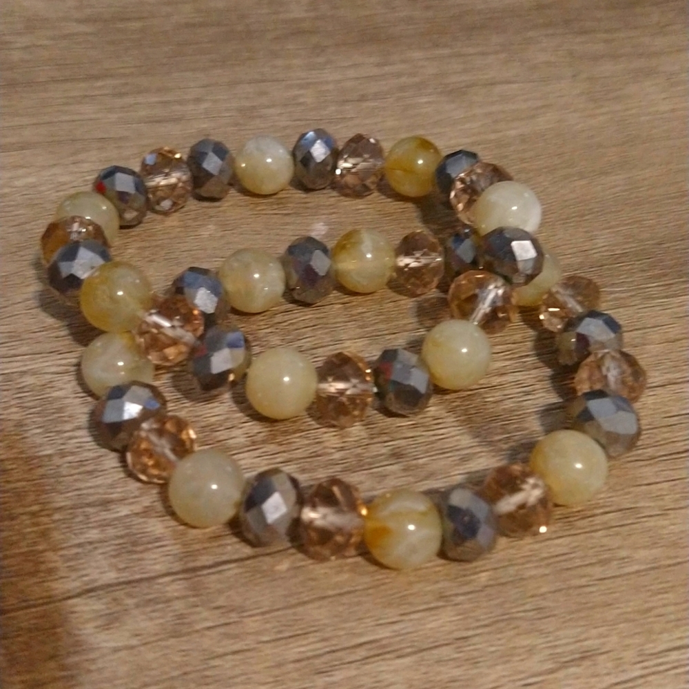 Set of 2 Cream, AB Crystals Bracelets